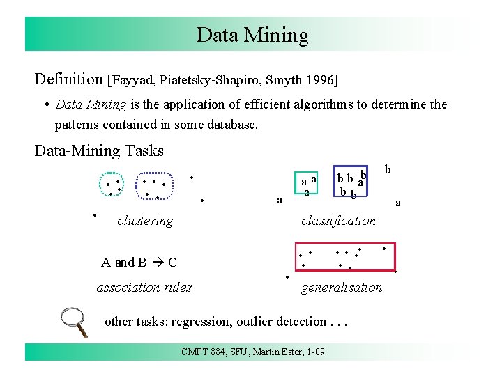Data Mining Definition [Fayyad, Piatetsky-Shapiro, Smyth 1996] • Data Mining is the application of