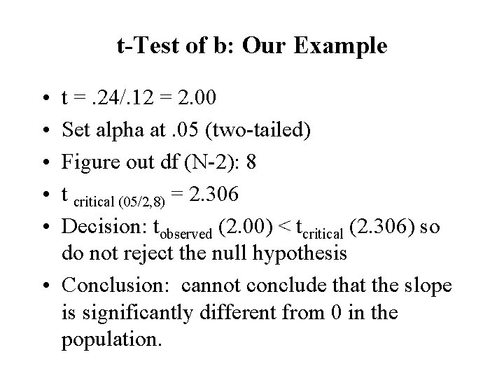 t-Test of b: Our Example • • • t =. 24/. 12 = 2.