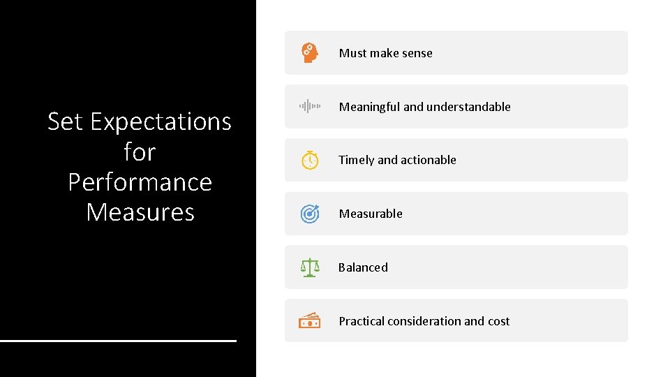 Must make sense Set Expectations for Performance Measures Meaningful and understandable Timely and actionable