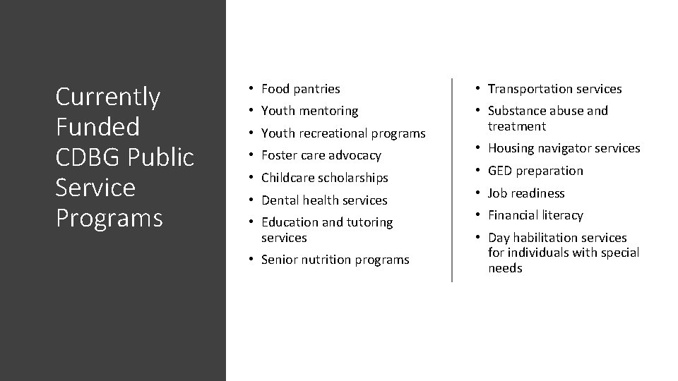 Currently Funded CDBG Public Service Programs • Food pantries • Transportation services • Youth