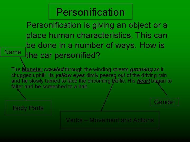 Personification Name Personification is giving an object or a place human characteristics. This can