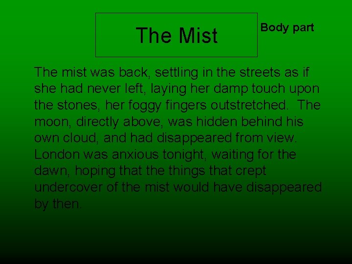 The Mist Body part The mist was back, settling in the streets as if