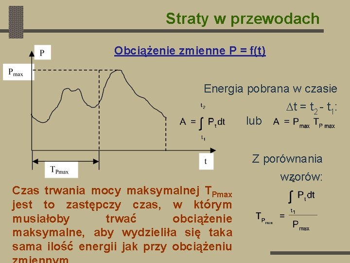 Straty w przewodach Obciążenie zmienne P = f(t) Energia pobrana w czasie lub t