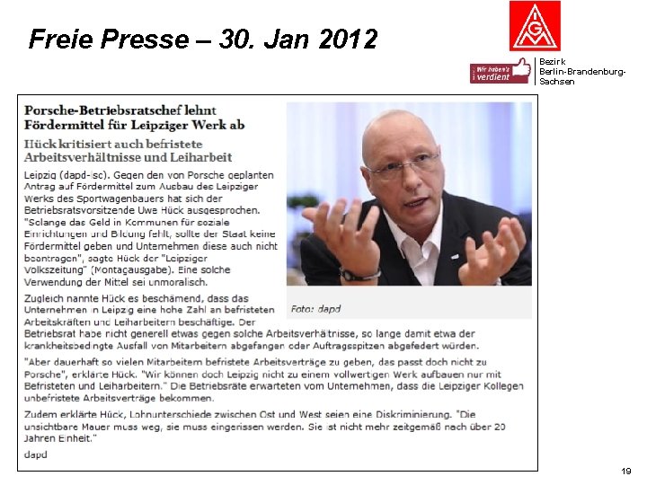 Freie Presse – 30. Jan 2012 Bezirk Berlin-Brandenburg. Sachsen 19 