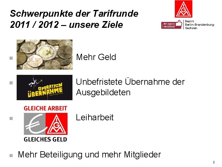 Schwerpunkte der Tarifrunde 2011 / 2012 – unsere Ziele n n Bezirk Berlin-Brandenburg. Sachsen