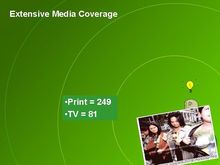 Extensive Media Coverage • Print = 249 • TV = 81 