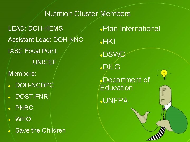 Nutrition Cluster Members LEAD: DOH-HEMS l Plan International Assistant Lead: DOH-NNC l HKI l
