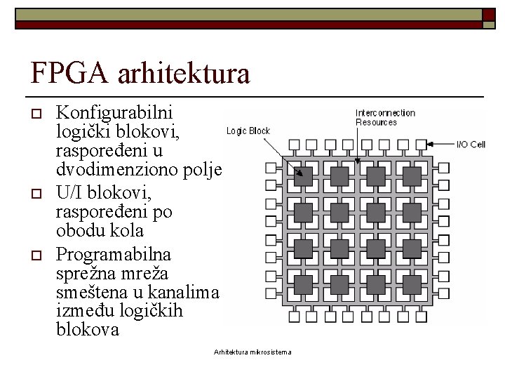 FPGA arhitektura o o o Konfigurabilni logički blokovi, raspoređeni u dvodimenziono polje U/I blokovi,