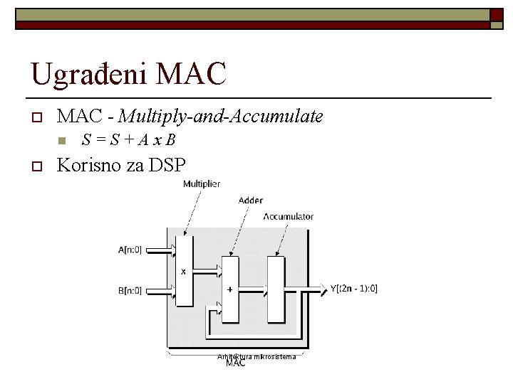 Ugrađeni MAC o MAC - Multiply-and-Accumulate n o S=S+Ax. B Korisno za DSP Arhitektura