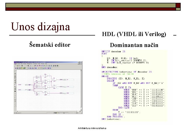 Unos dizajna HDL (VHDL ili Verilog) Šematski editor Dominantan način Arhitektura mikrosistema 
