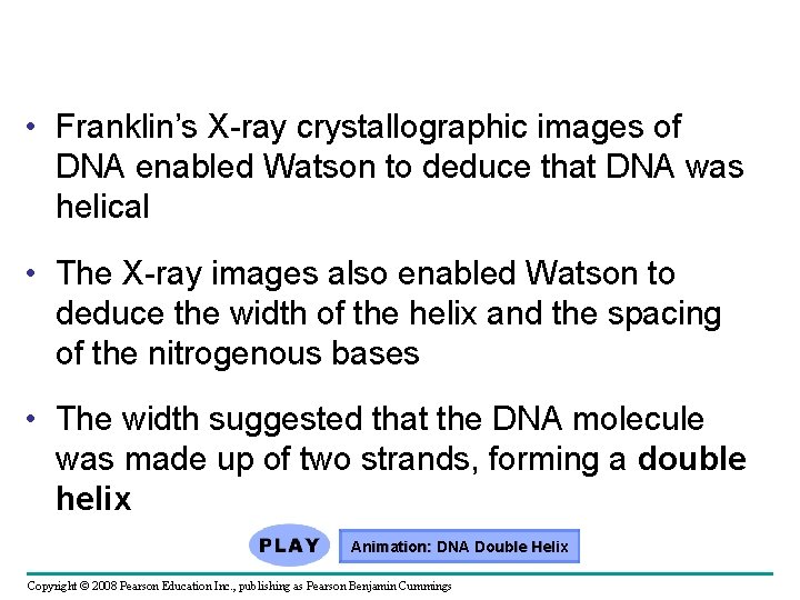 • Franklin’s X-ray crystallographic images of DNA enabled Watson to deduce that DNA