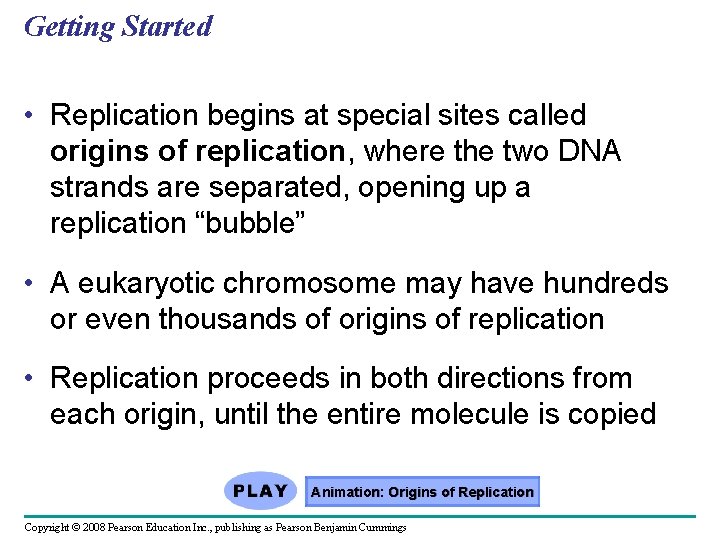 Getting Started • Replication begins at special sites called origins of replication, where the