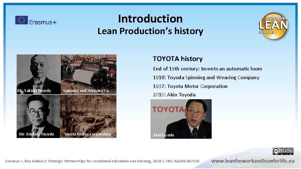 Introduction Lean Production’s history TOYOTA history End of 19 th century: Invents an automatic