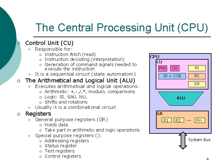 The Central Processing Unit (CPU) ¡ Control Unit (CU) l Responsible for: ¡ ¡