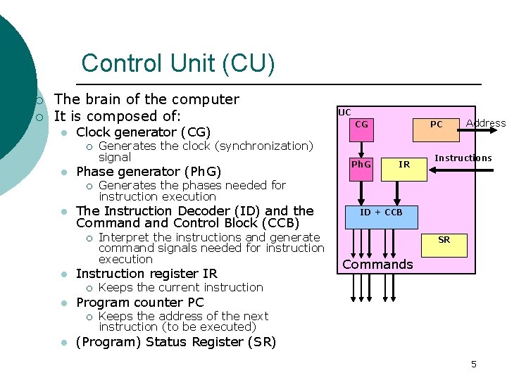 Control Unit (CU) ¡ ¡ The brain of the computer It is composed of: