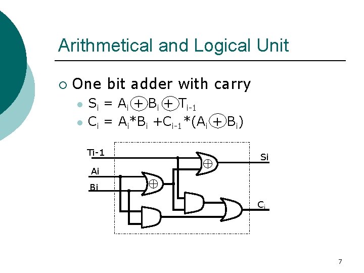 Arithmetical and Logical Unit ¡ One bit adder with carry l l Si =