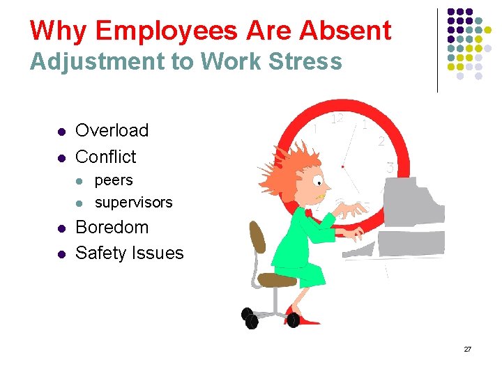 Why Employees Are Absent Adjustment to Work Stress l l Overload Conflict l l
