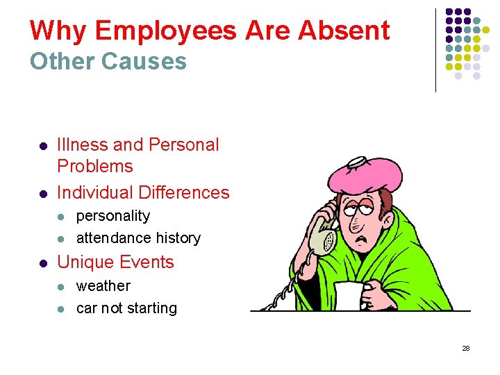 Why Employees Are Absent Other Causes l l Illness and Personal Problems Individual Differences