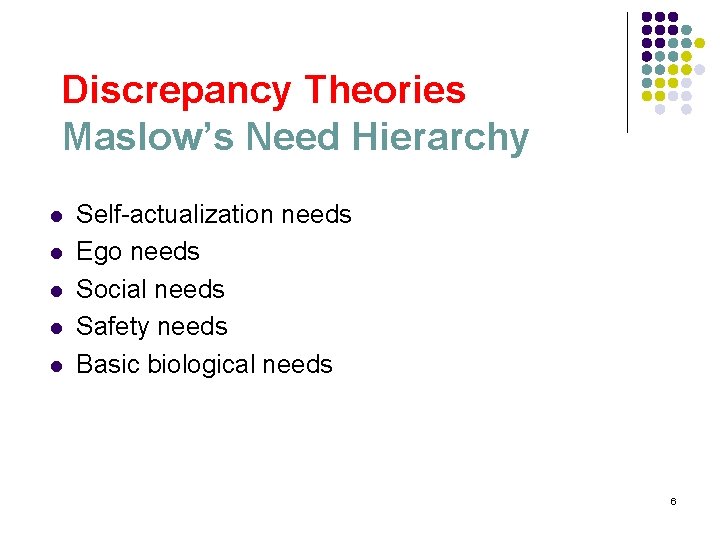 Discrepancy Theories Maslow’s Need Hierarchy l l l Self-actualization needs Ego needs Social needs