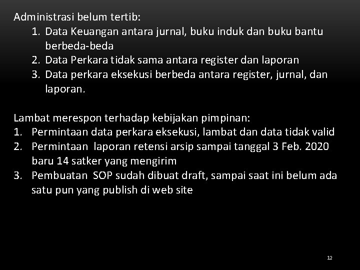 Administrasi belum tertib: 1. Data Keuangan antara jurnal, buku induk dan buku bantu berbeda-beda