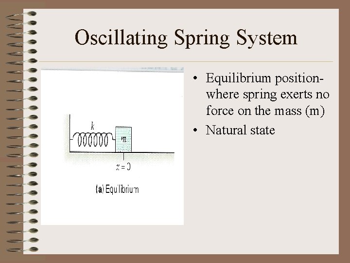 Oscillating Spring System • Equilibrium positionwhere spring exerts no force on the mass (m)