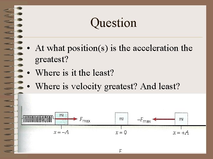 Question • At what position(s) is the acceleration the greatest? • Where is it