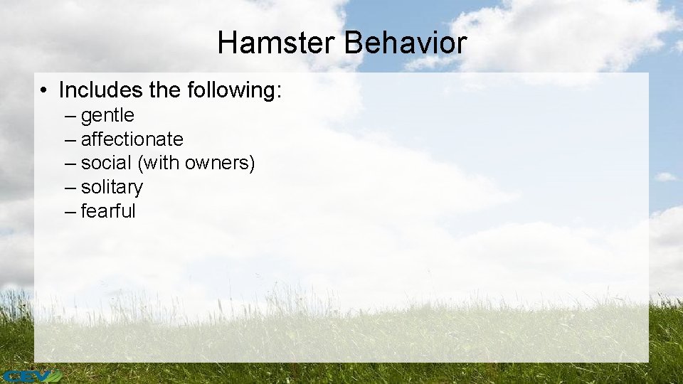 Hamster Behavior • Includes the following: – gentle – affectionate – social (with owners)