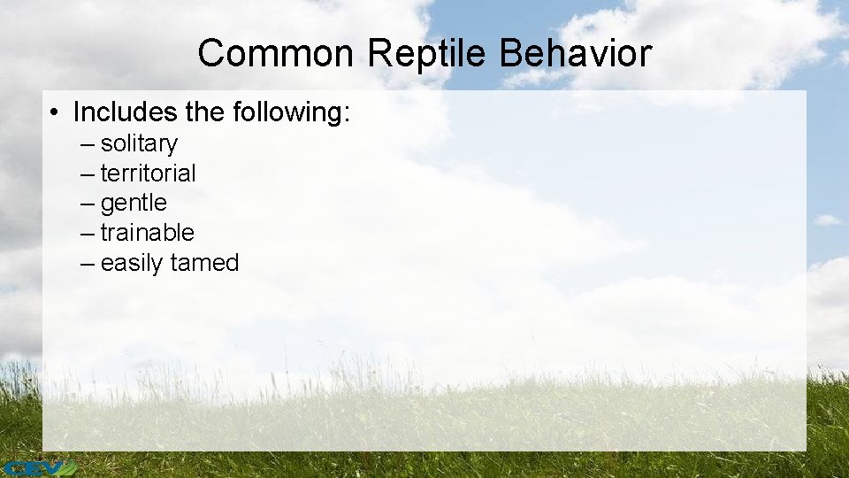 Common Reptile Behavior • Includes the following: – solitary – territorial – gentle –