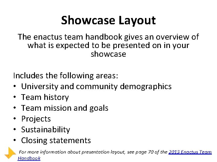 Showcase Layout The enactus team handbook gives an overview of what is expected to