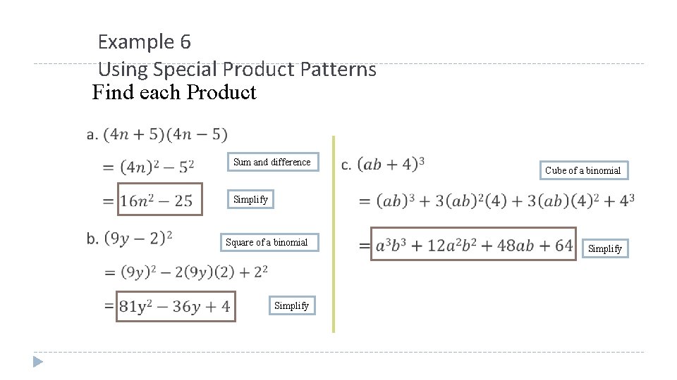 Example 6 Using Special Product Patterns Find each Product Sum and difference Cube of