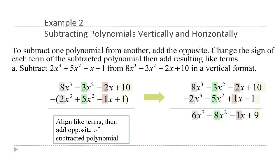 Example 2 Subtracting Polynomials Vertically and Horizontally Align like terms, then add opposite of