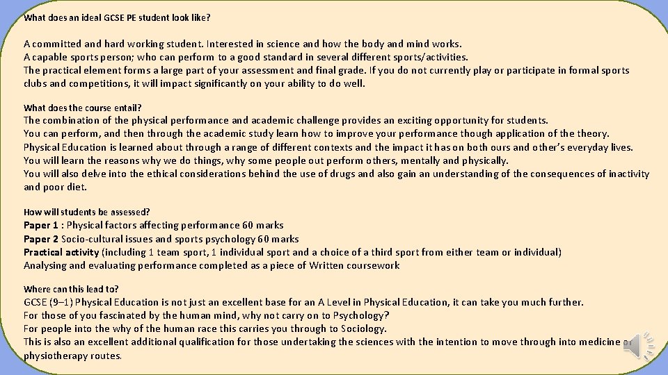 What does an ideal GCSE PE student look like? A committed and hard working