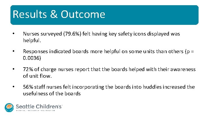Results & Outcome • Nurses surveyed (79. 6%) felt having key safety icons displayed