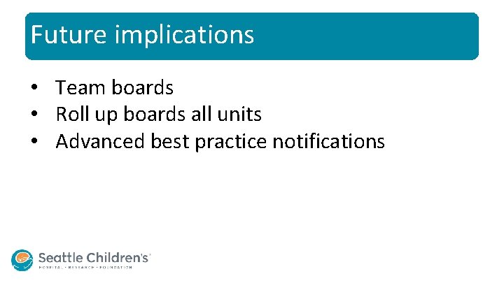 Future implications • Team boards • Roll up boards all units • Advanced best