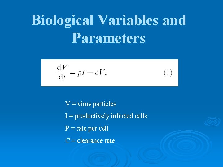 Biological Variables and Parameters V = virus particles I = productively infected cells P