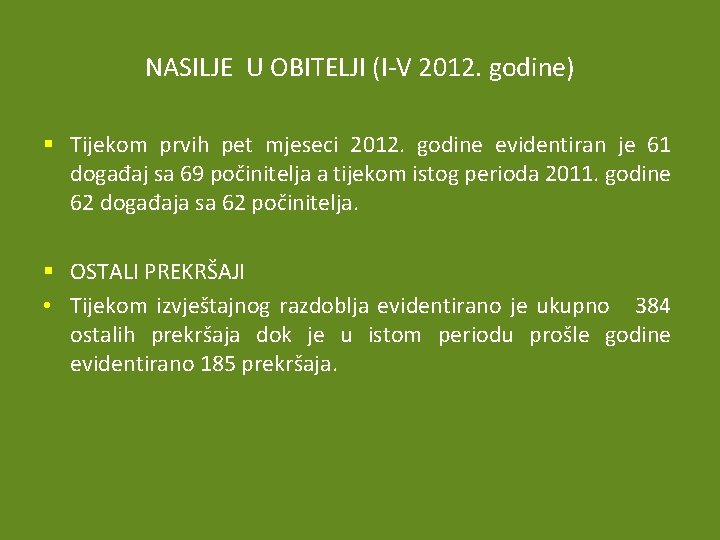 NASILJE U OBITELJI (I-V 2012. godine) § Tijekom prvih pet mjeseci 2012. godine evidentiran