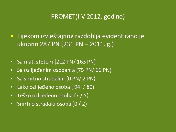 PROMET(I-V 2012. godine) § Tijekom izvještajnog razdoblja evidentirano je ukupno 287 PN (231 PN