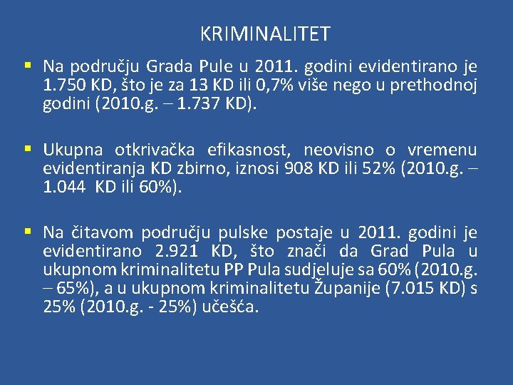 KRIMINALITET § Na području Grada Pule u 2011. godini evidentirano je 1. 750 KD,