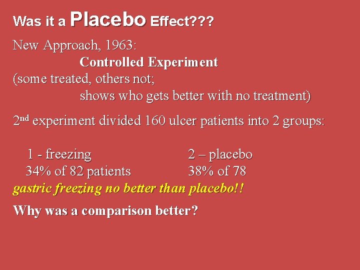 Was it a Placebo Effect? ? ? New Approach, 1963: Controlled Experiment (some treated,