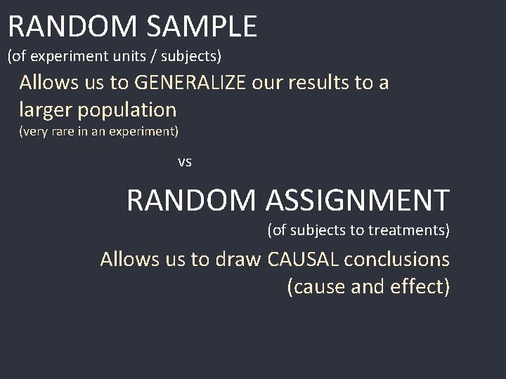 RANDOM SAMPLE (of experiment units / subjects) Allows us to GENERALIZE our results to