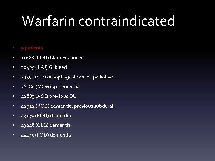 Warfarin contraindicated • 9 patients • 11088 (POD) bladder cancer • 20425 (KAJ) GI