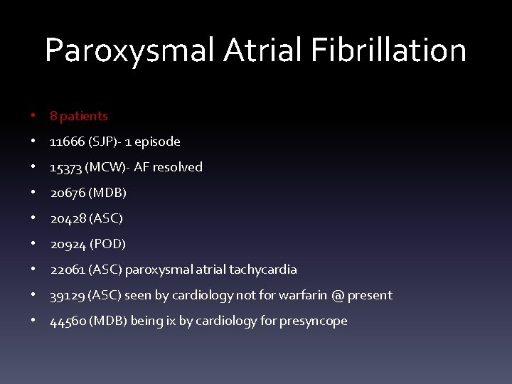 Paroxysmal Atrial Fibrillation • 8 patients • 11666 (SJP)- 1 episode • 15373 (MCW)-