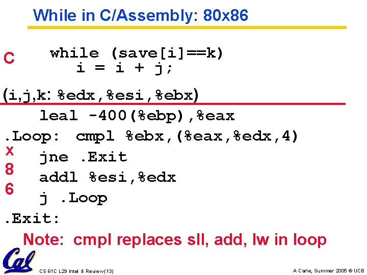 While in C/Assembly: 80 x 86 C while (save[i]==k) i = i + j;