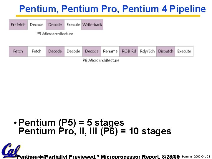 Pentium, Pentium Pro, Pentium 4 Pipeline • Pentium (P 5) = 5 stages Pentium