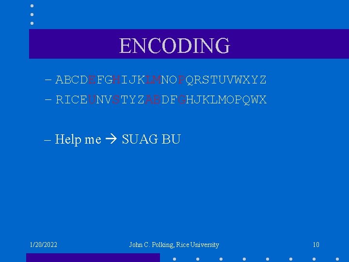 ENCODING – ABCDEFGHIJKLMNOPQRSTUVWXYZ – RICEUNVSTYZABDFGHJKLMOPQWX – Help me SUAG BU 1/20/2022 John C. Polking,