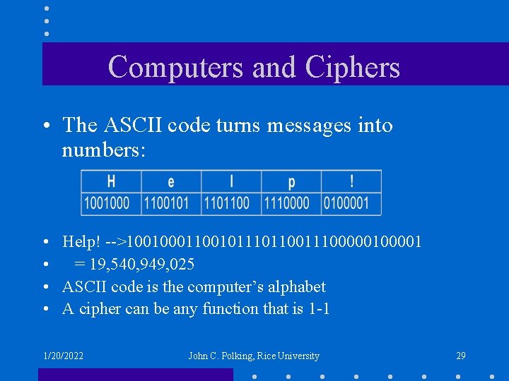 Computers and Ciphers • The ASCII code turns messages into numbers: • Help! -->10010001100101100111000001