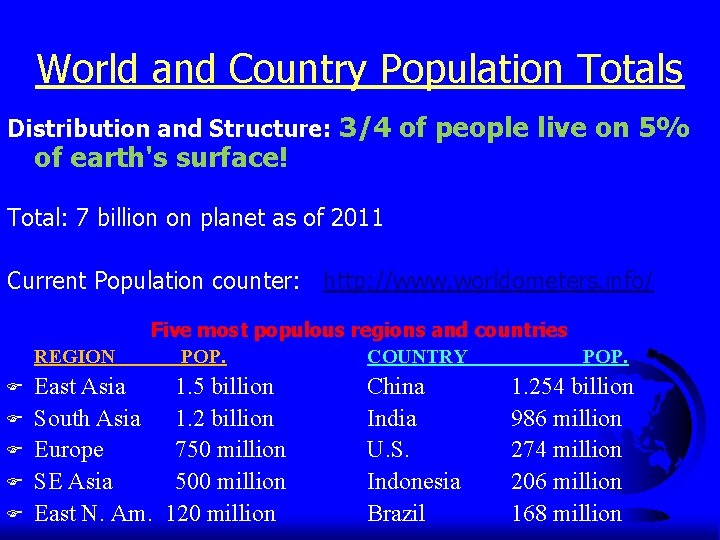 World and Country Population Totals Distribution and Structure: 3/4 of people live on 5%