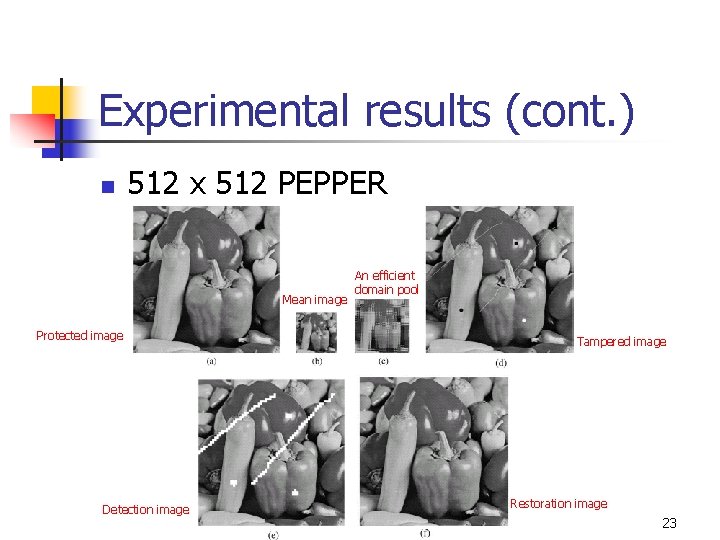Experimental results (cont. ) n 512 x 512 PEPPER Mean image Protected image Detection