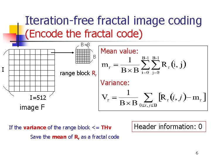 Iteration-free fractal image coding (Encode the fractal code) B=8 B I Mean value: range