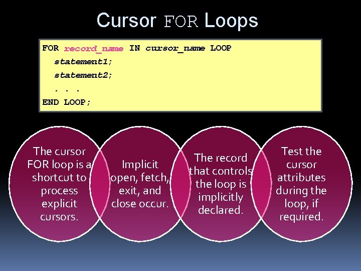 Cursor FOR Loops FOR record_name IN cursor_name LOOP statement 1; statement 2; . . Cursor FOR Loops FOR record_name IN cursor_name LOOP statement 1; statement 2; . .
